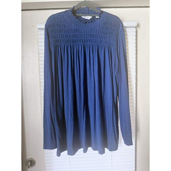 SUSAN GRAVER Cool Touch Mock-Neck top w/ Smocking Blue Blouse sz Xlarge - Picture 2 of 7